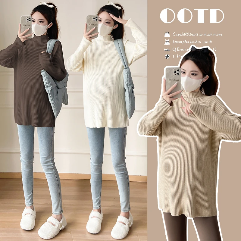 孕妇秋冬季半高领百搭针织毛衣打底衫加厚保暖中长款时尚孕妈上衣