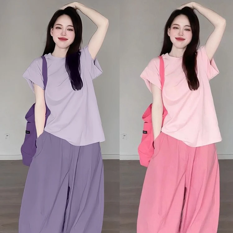 孕妇夏季粉色休闲穿搭一整套宽松减龄粉色上衣阔腿裤显瘦两件套