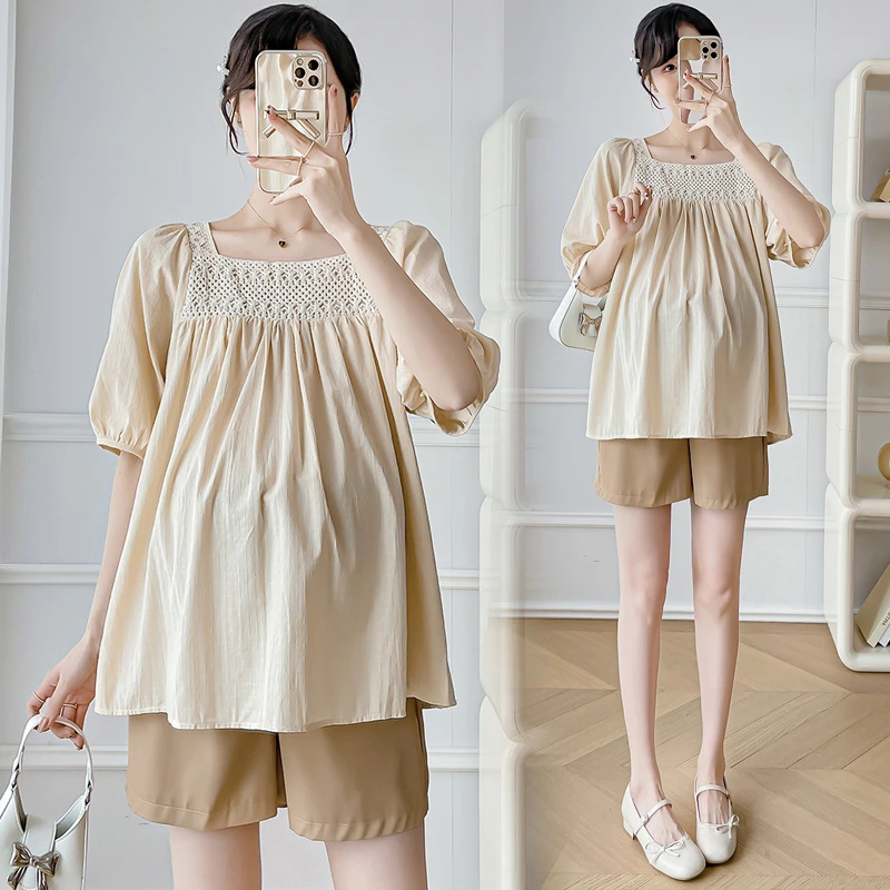 孕妇夏季套装新品外穿韩版时尚宽松纯色蕾丝娃娃上衣套装两件套