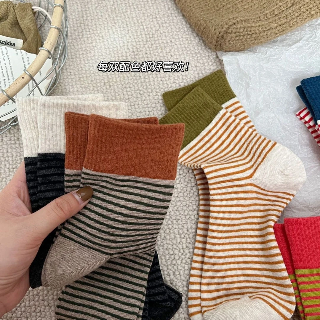 韩版ins风复古双拼色条纹中筒袜学院风百搭学生日系潮流运动袜子