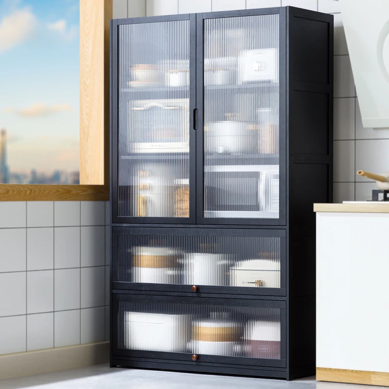 带门厨房置物架多层落地储物柜微波炉锅具收纳柜子碗柜家用餐边柜