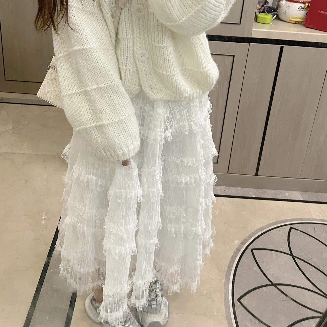 毛小兔2024秋季新品白色多层蕾丝边半身裙