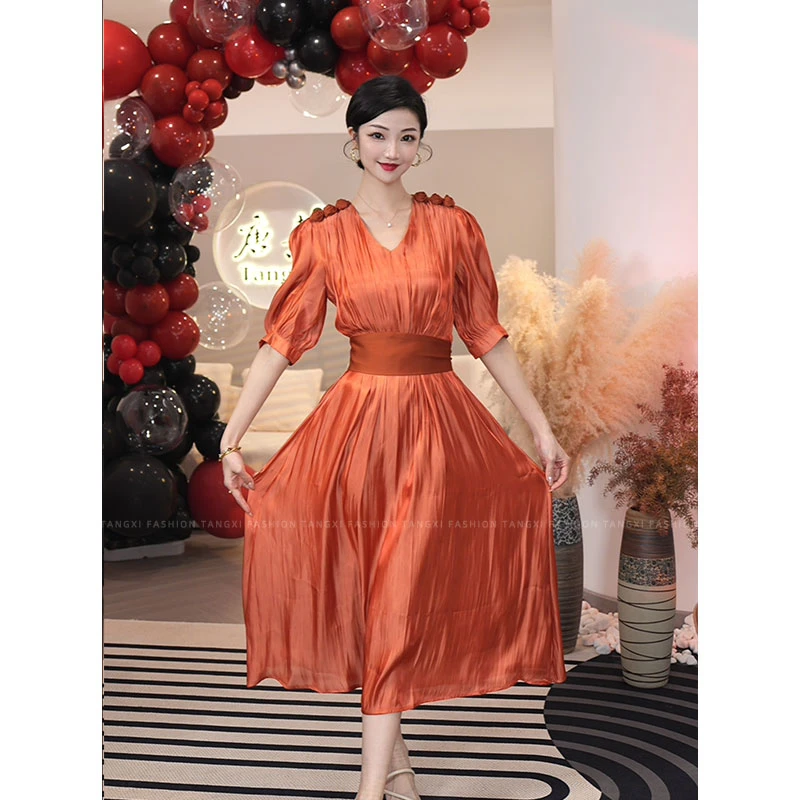 【如风致你】法式高定款礼服气质轻奢v领设计感腰带收腰a字连衣裙子