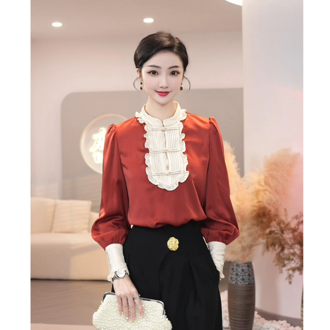 薄款现货2025春季【DD-995-1】高级感气质小众缎面拼接国风洋气上衣