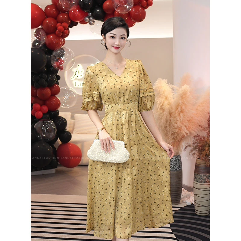 唐熹现货2025夏季新款【1968】气质小众设计中长裙显瘦碎花连衣裙子