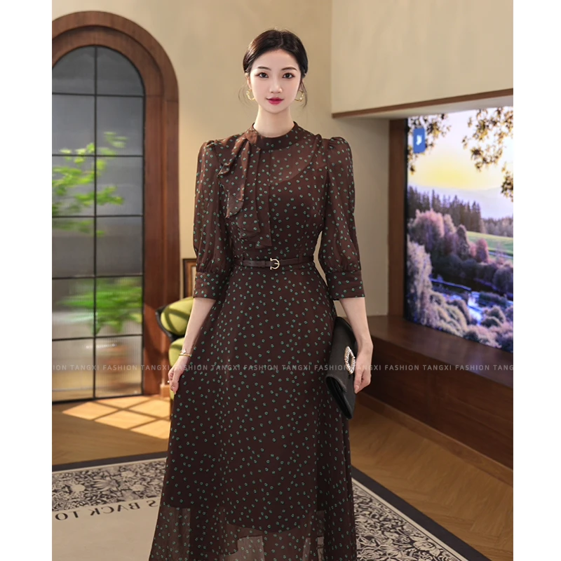 现货2025秋季新款【4704】气质法式时尚腰带收腰波点显瘦连衣裙子女