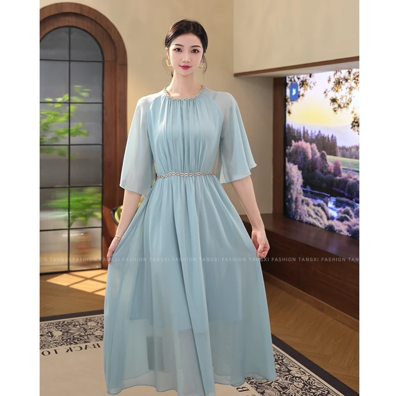 现货2025夏季新款【5004】法式度假风气质长裙收腰天蓝色显白连衣裙