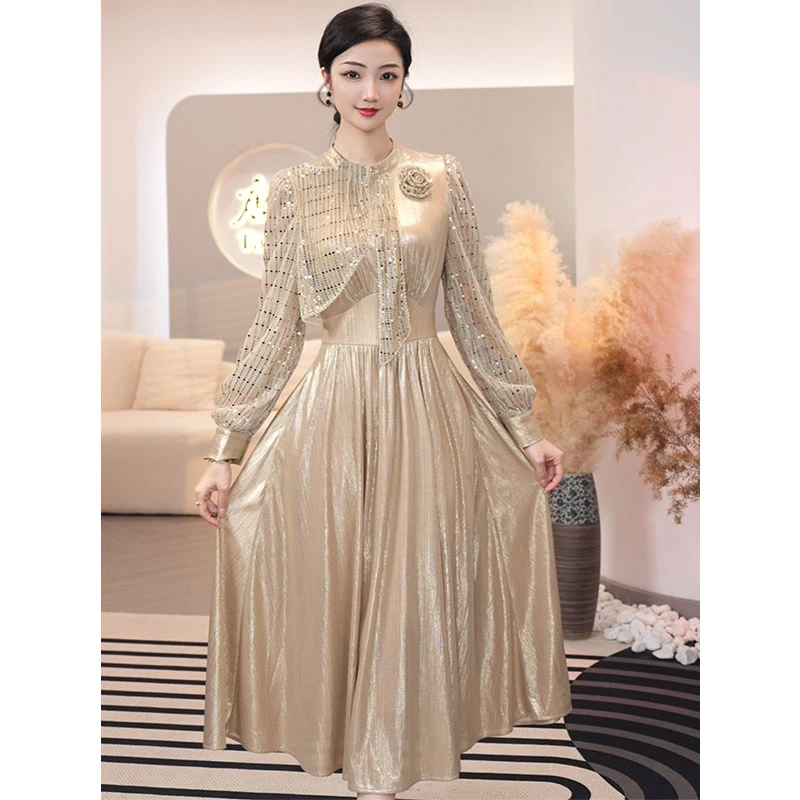 现货2025新款【LT24-Q553】气质V领高贵优雅杏色中长连衣裙子女