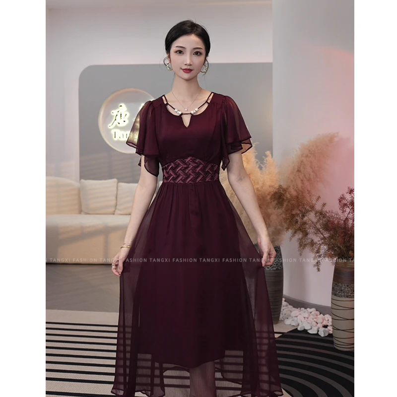 现货2025夏季新款【XY24-X40】法式气质轻奢婚宴酒红色时尚连衣裙