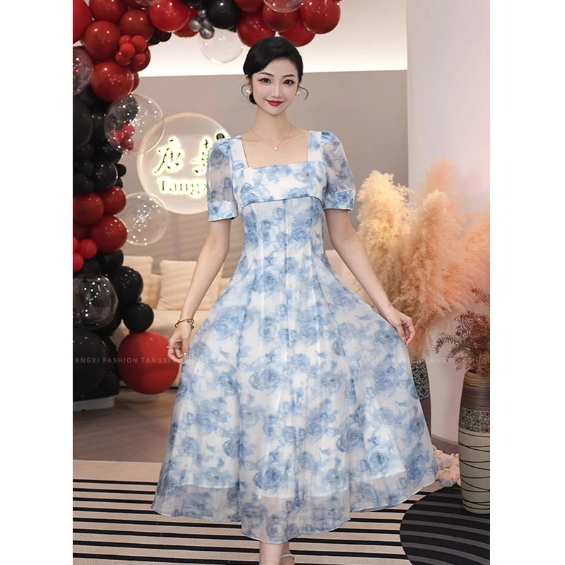 现货2025夏季新款【1881】法式气质减龄蓝色碎花显瘦氛围感连衣裙子