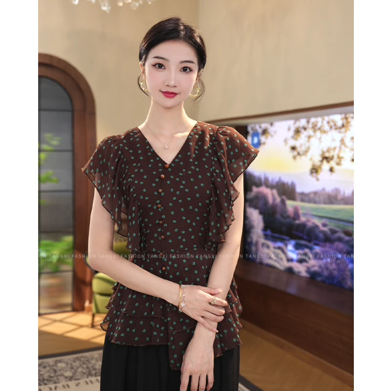 现货2025夏季新款【Q24-410】洋气波点飞飞袖轻奢高级感显瘦上衣女