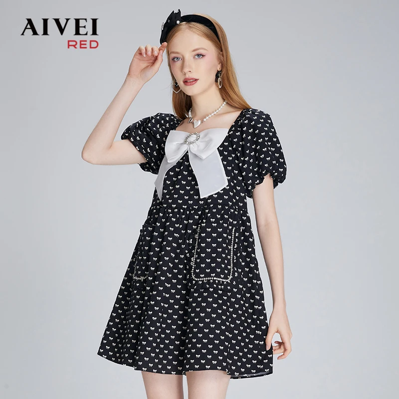 AIVEI艾薇蝴蝶结高腰印花方领连衣裙P0360034