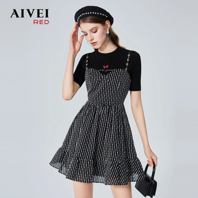 AIVEI春新字母T恤条纹吊带两件套连衣裙P0160057