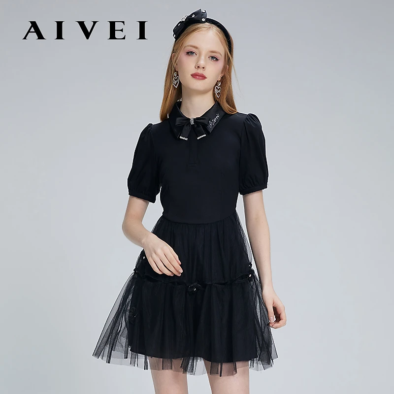 AIVEI夏烫钻衬衫领显瘦网纱拼接连衣裙P0360101
