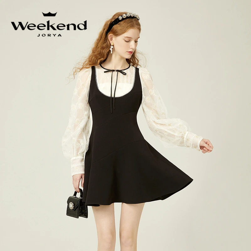 【达人专享】卓雅周末气质优雅蕾丝拼接泡泡袖连衣裙EJWDCU06