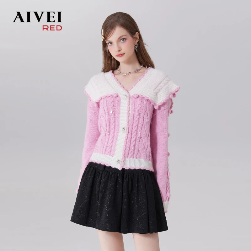 【赵老板专属】AIVEI奶呼呼减龄萌妹粉色撞色针织开衫Q056S013