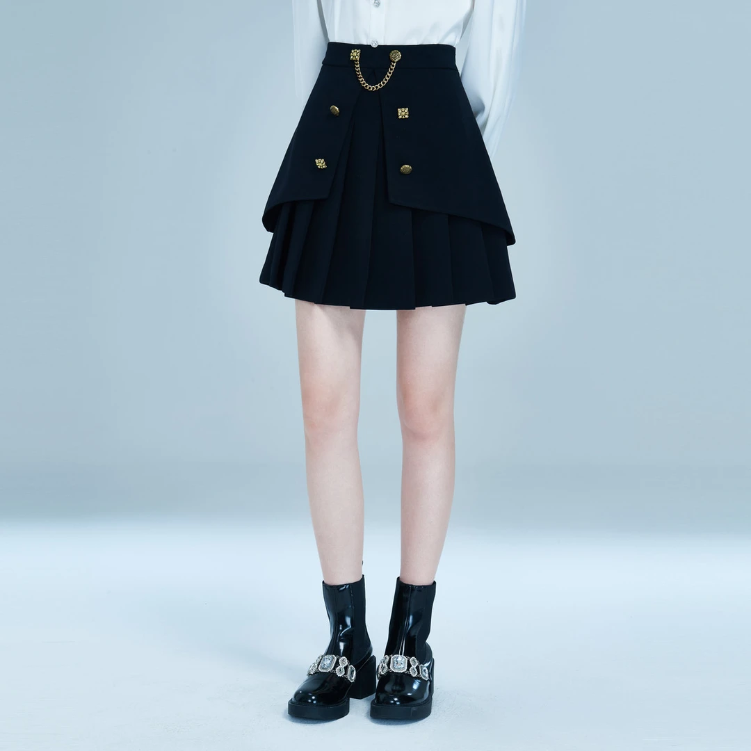 艾薇链条高腰百搭不规则西装百褶短裙P066S007