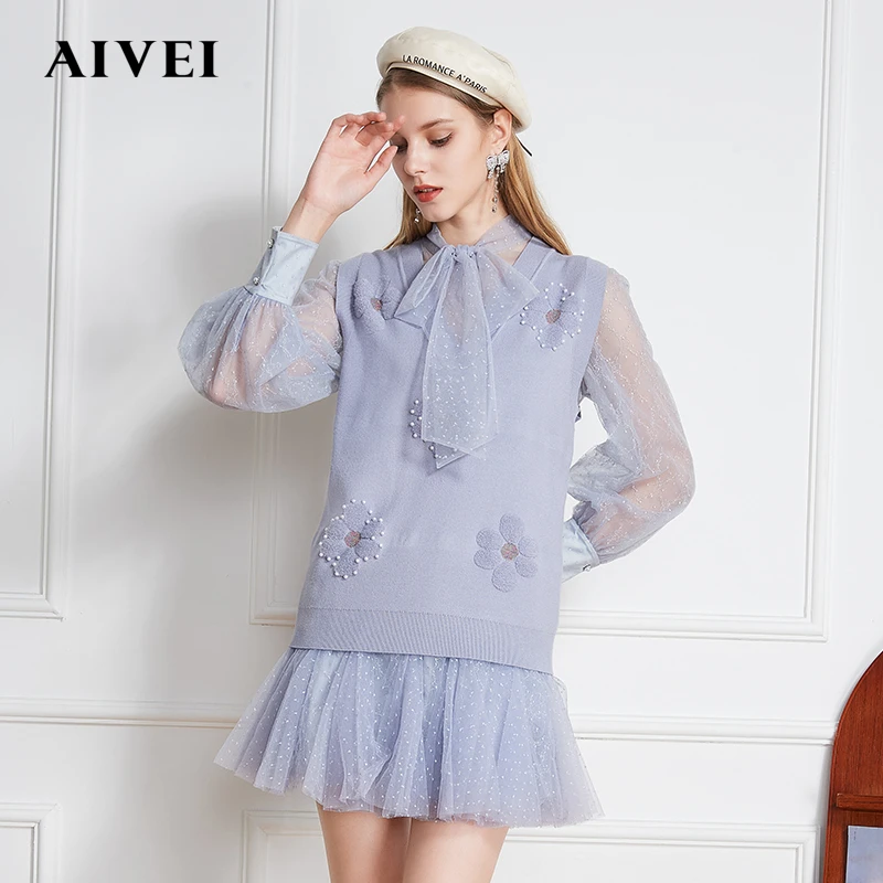 【媛媛女王专享】AIVEI甜美花朵背心重工毛衣连衣裙两件套P0160041