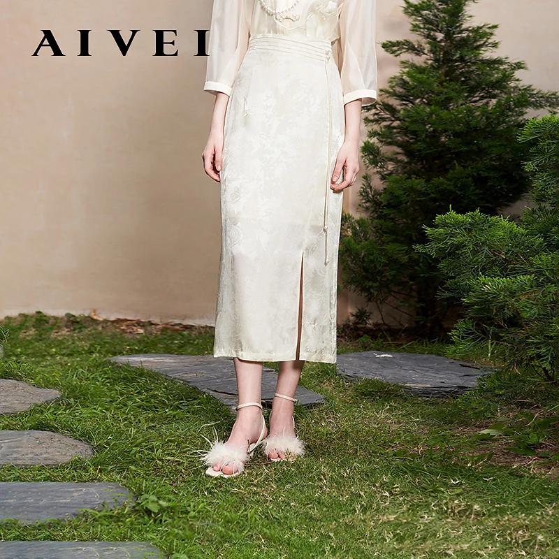 AIVEI24新中式提花高腰开叉直筒半身裙R0360195