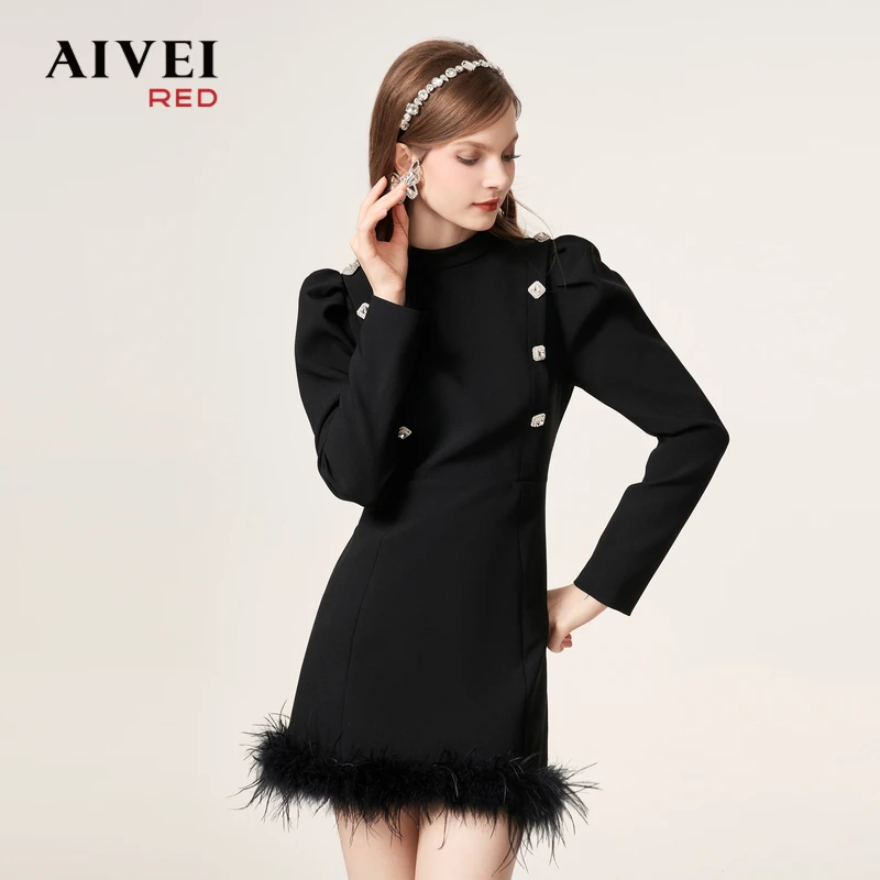 AIVEI法式轻熟气场礼服羽毛名媛连衣裙Q0660142