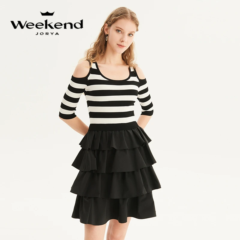 卓雅周末露肩条纹裙蛋糕裙短裙连衣裙女WJWDBA61