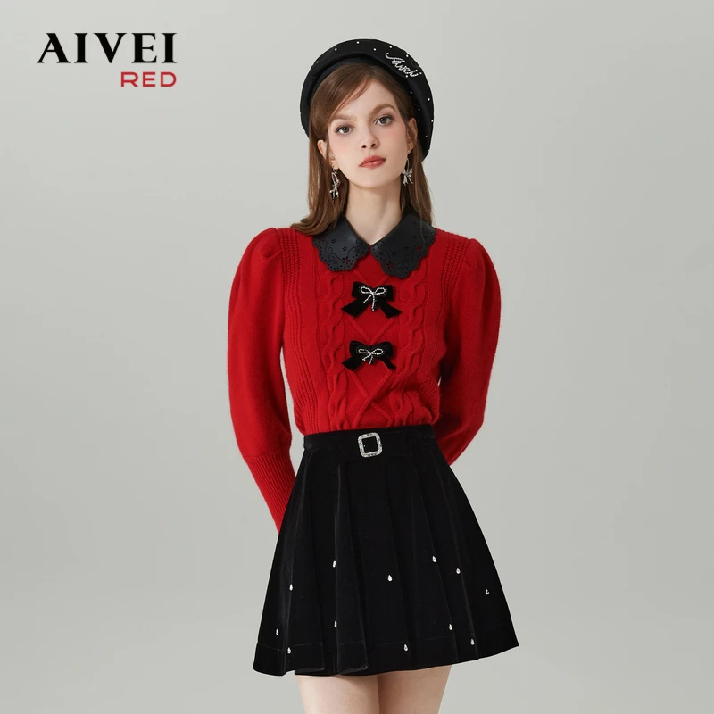 AIVEI新小香风中国红娃娃领针织衫Q0560254