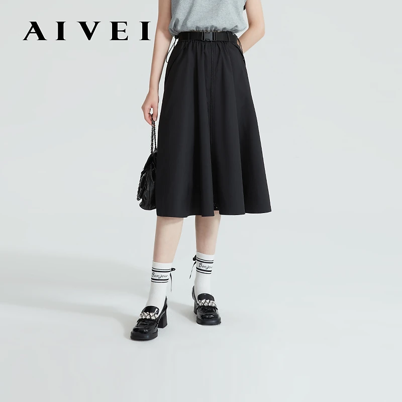 AIVEI24气质休闲百搭黑色中长半身裙R0360084