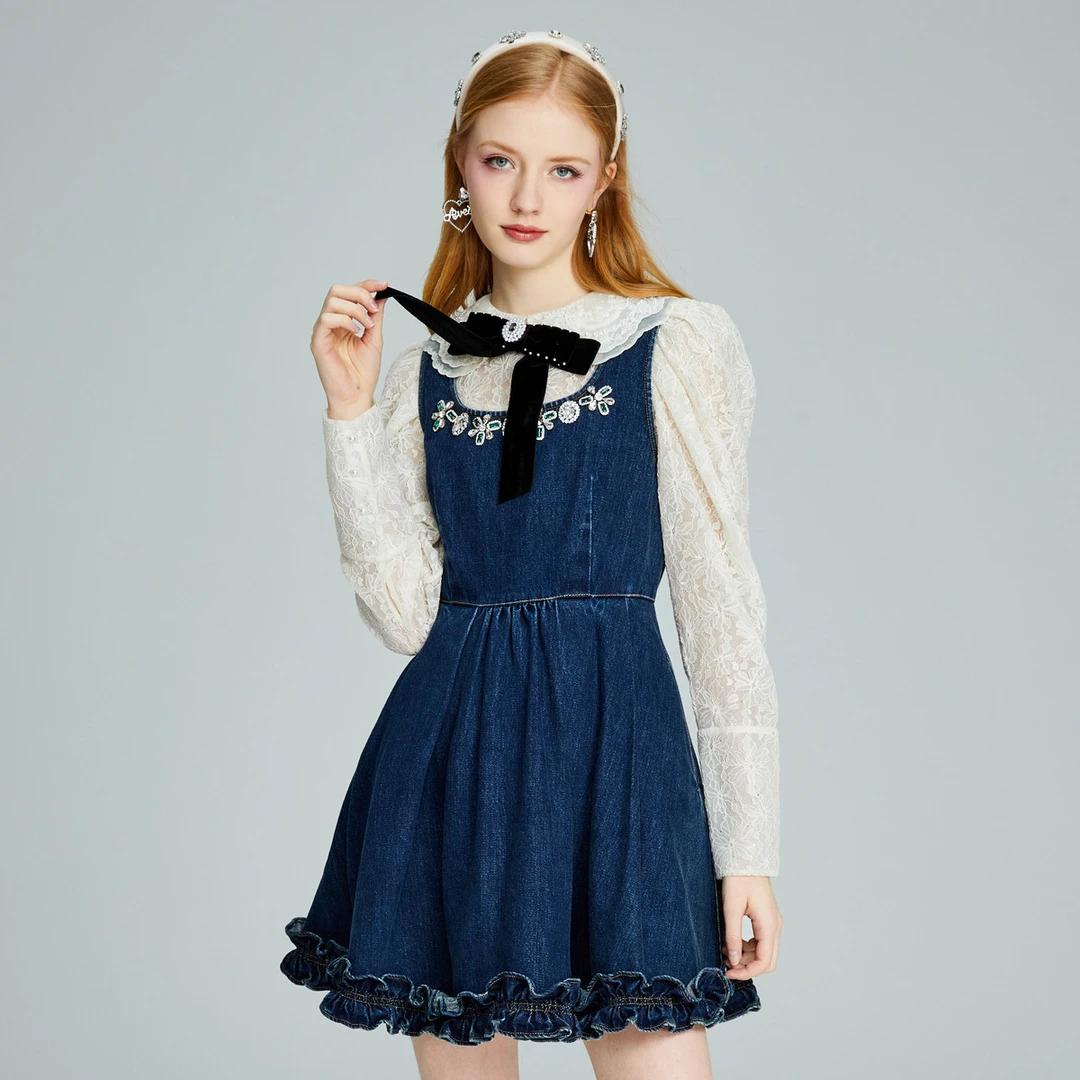 AIVEI甜妹风高腰镶钻背带牛仔连衣裙P0560205