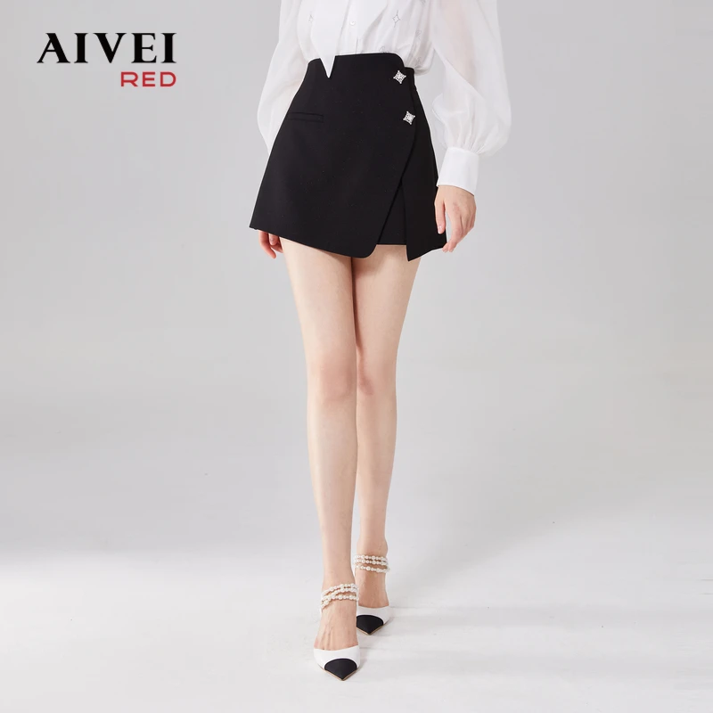 AIVEI艾薇2023年高腰不规则开叉亮丝裙裤 Q0560092