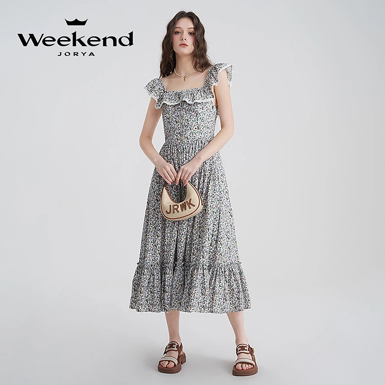 卓雅周末法式碎花荷叶边飞袖收腰连衣裙EJWEBN03