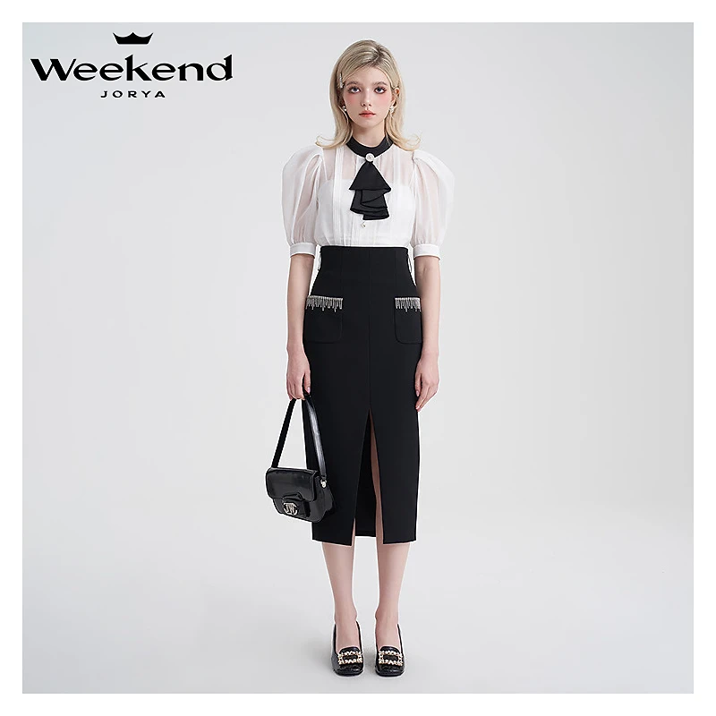 卓雅周末24撞色圆领带泡泡袖雪纺衫上衣EJWEBF30