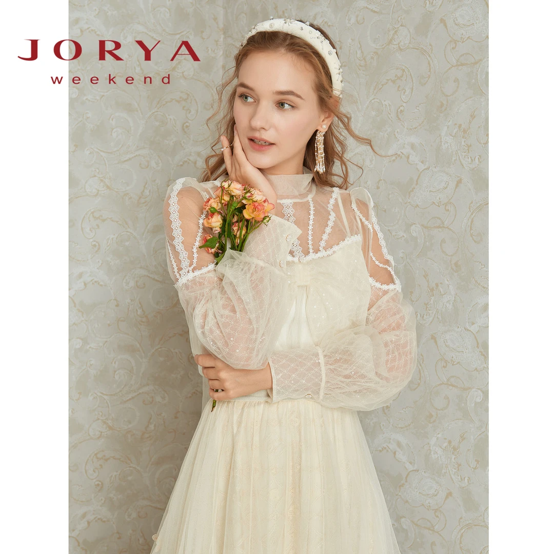 卓雅周末甜美钩花透视网纱蝴蝶结蕾丝衫EJWCDQ92