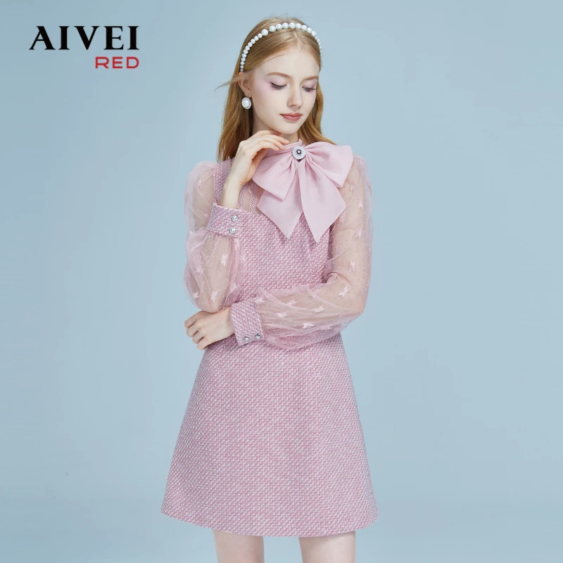 【陈大可专属】AIVEI欣贺冬新蝴蝶结小香风连衣裙P066S083