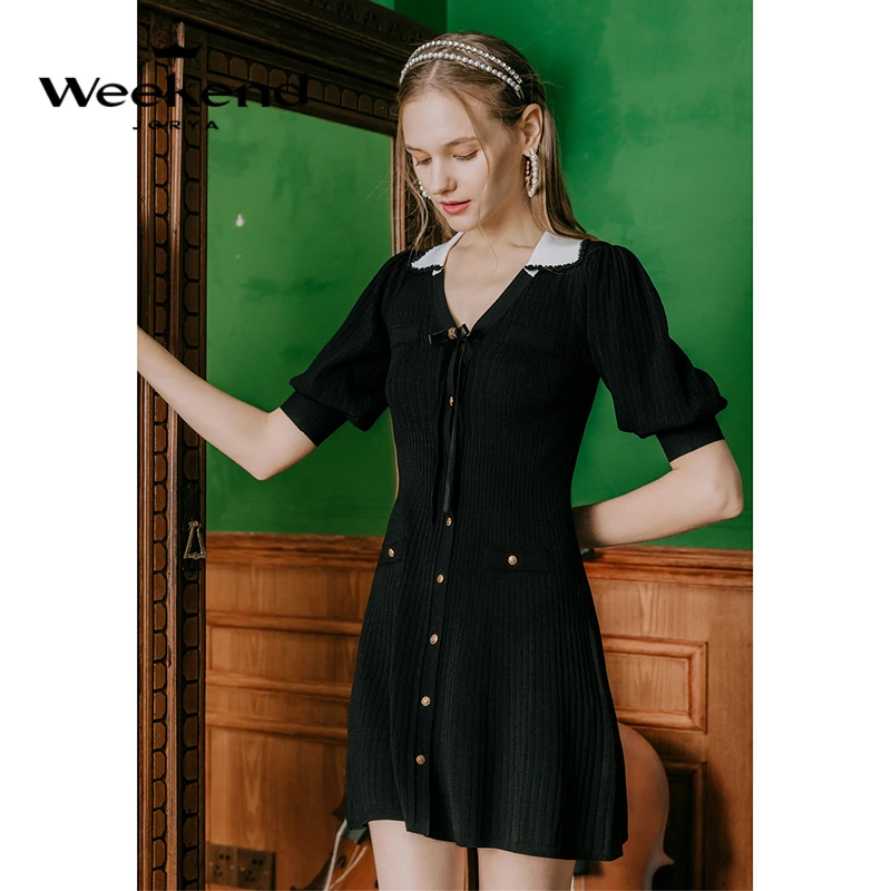 卓雅周末春甜美V领收腰小黑针织连衣裙EJWCAR70