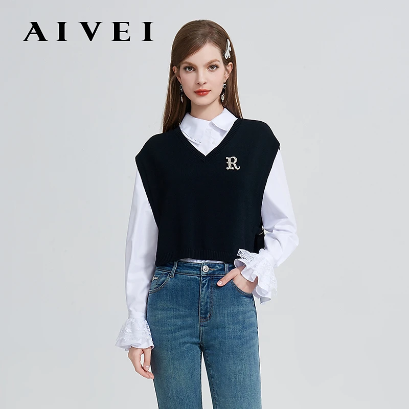 AIVEI24春新荷叶袖衬衫针织背心两件套R0160013