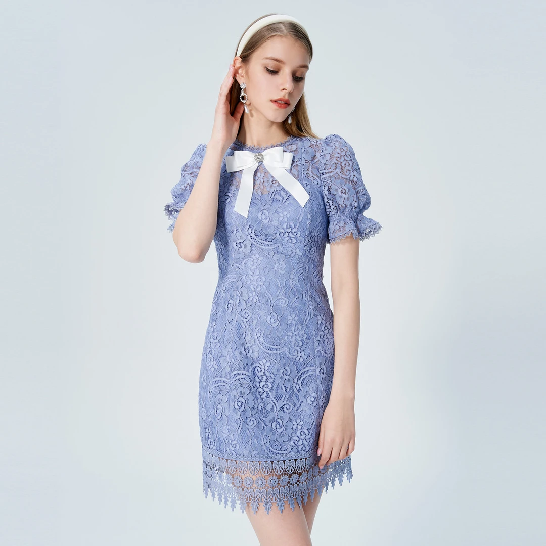 AIVEI夏优雅透视泡泡袖收腰蕾丝连衣裙P036S034