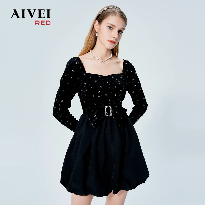 AIVEI春季新名媛风桃心领丝绒拼接连衣裙P01W0040