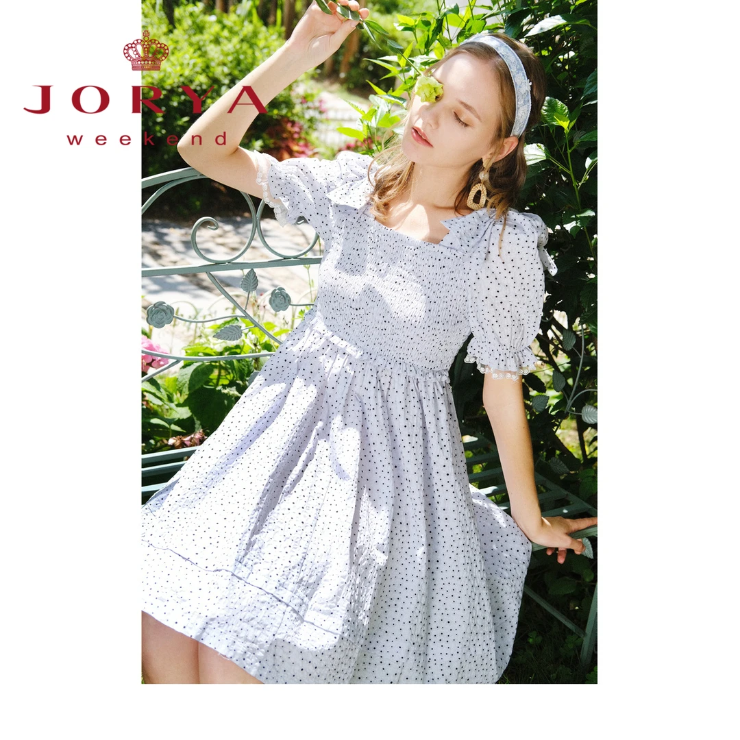 卓雅周末甜美蝴蝶结方领花朵压褶收腰连衣裙EJWCBQ58