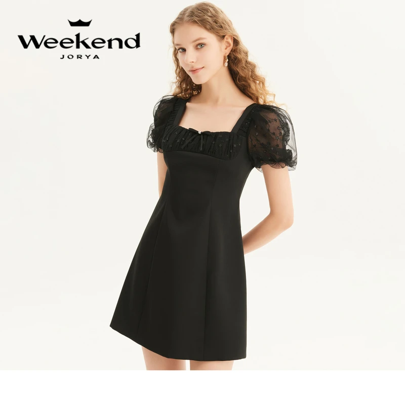 JORYA weekend夏拼接素面布气质方领连衣裙EJWDBQ74