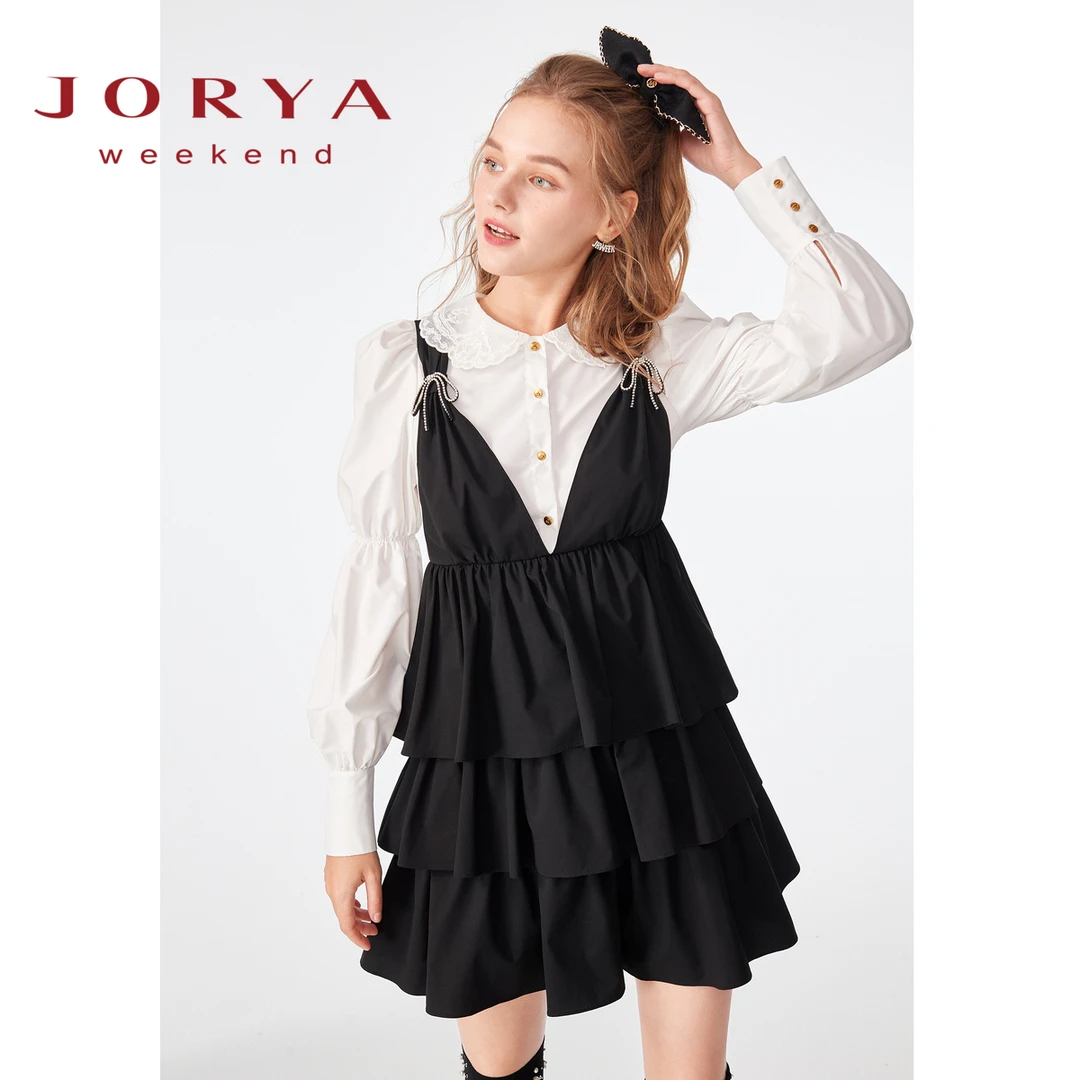 卓雅周末冬衬衫拼接收腰荷叶边连衣裙EJWCDC13