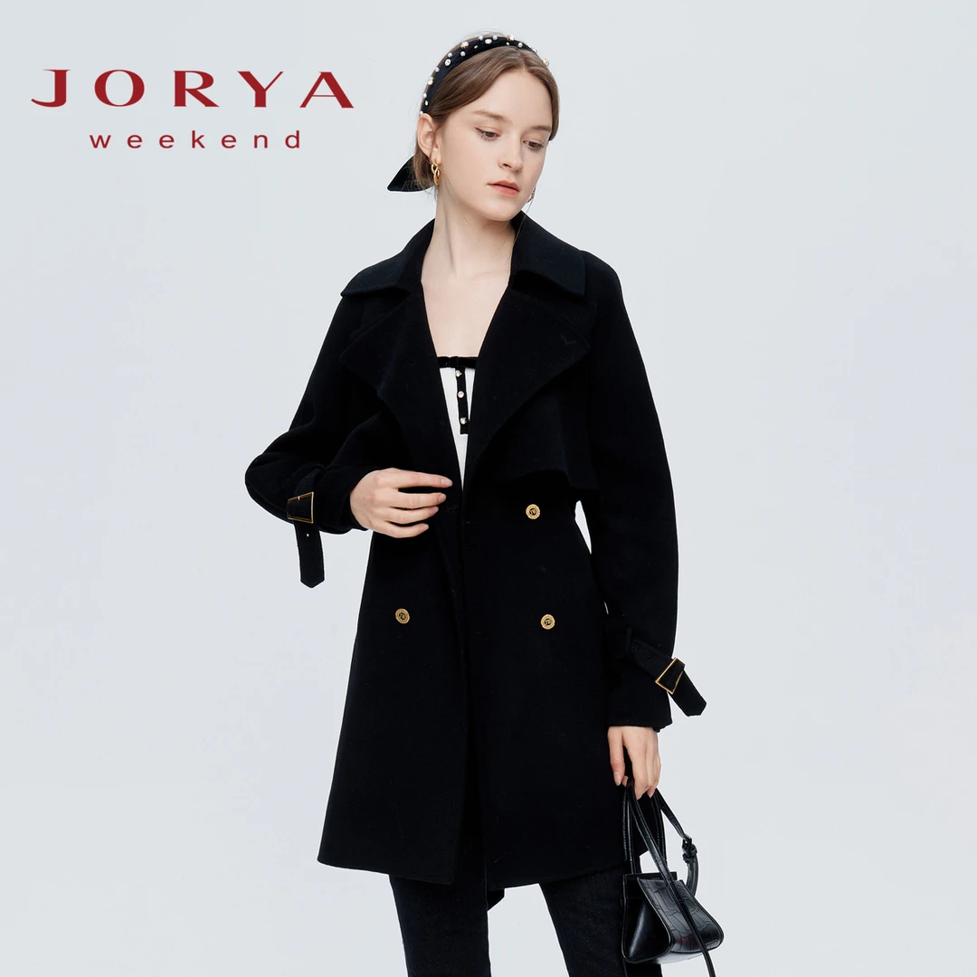 卓雅周末新款英伦风西装领双排扣毛呢外套EJWCCX34