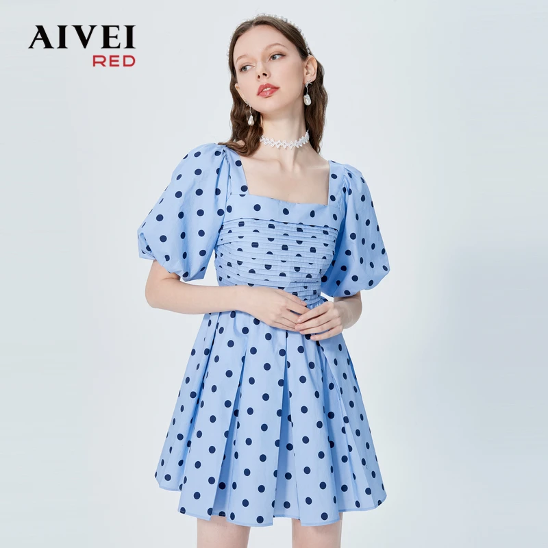 AIVEI夏法式浪漫方领泡泡袖波点连衣裙P0360077