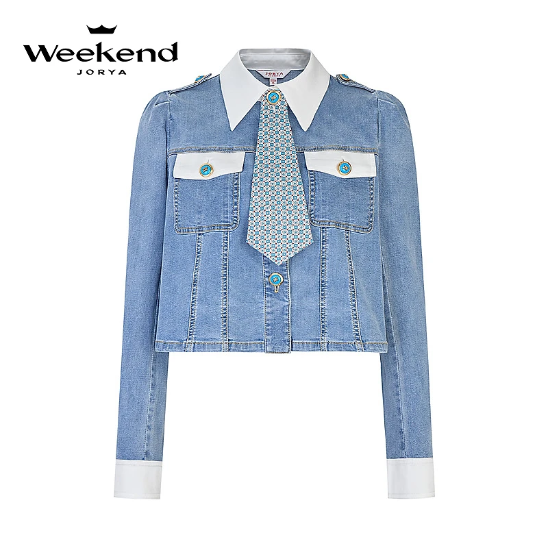 卓雅周末秋翻领直筒单排扣牛仔短外套EJWCCF21