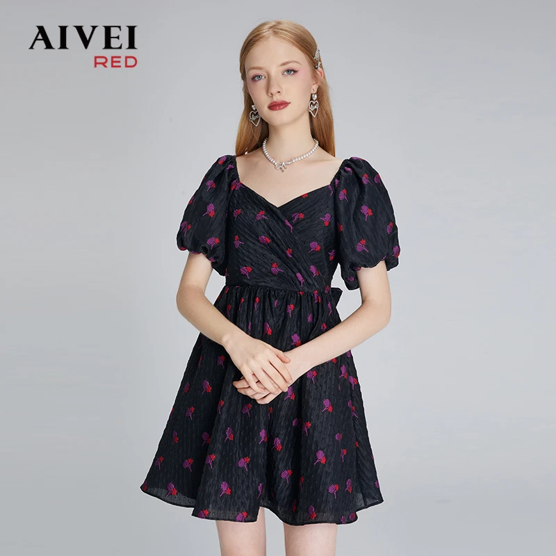 AIVEI夏新复古收腰蝴蝶结刺绣连衣裙P0360154