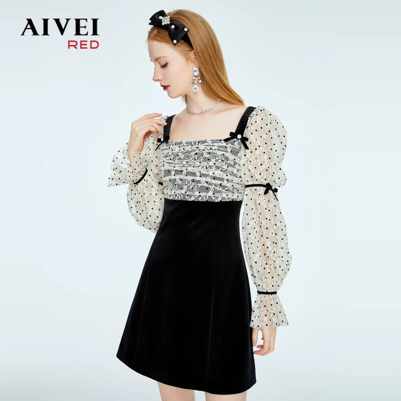 AIVEI女神范波点网纱拼接方领连衣裙P056S050