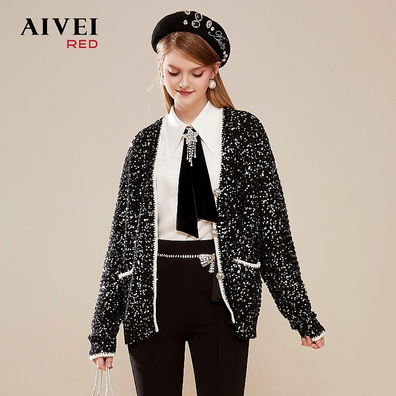 【媛媛女王专享】AIVEI名媛小香高级感亮片时尚针织开衫Q0660209