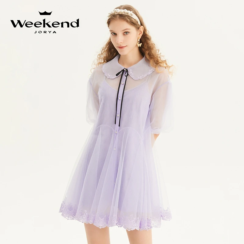 卓雅周末娃娃领甜美泡泡袖连衣裙EJWDBQ02