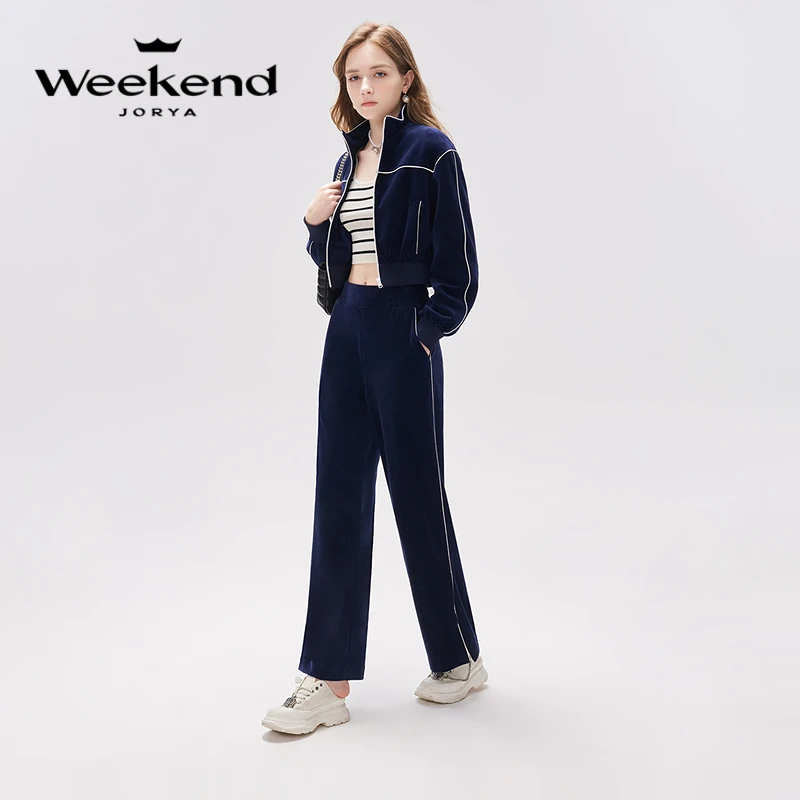 卓雅周末春高腰贴布阔腿直筒丝绒休闲长裤EJWDCF50