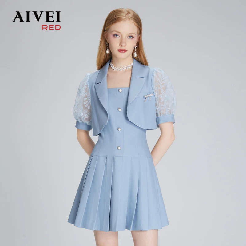 AIVEI通勤OL西装外套吊带百褶连衣裙P0360042