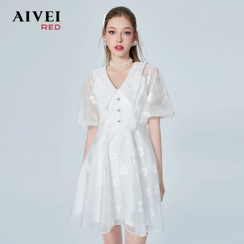 AIVEI钉珠高腰仙公主网纱花朵连衣裙P0360106